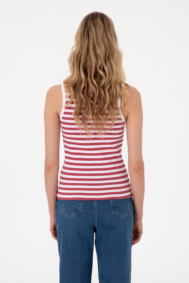 Kadın Vişne Çizgili Kolsuz Bisiklet Yaka Tişört - 50305900030
