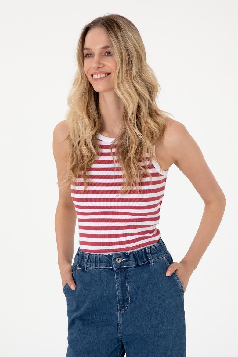 Kadın Vişne Çizgili Kolsuz Bisiklet Yaka Tişört
