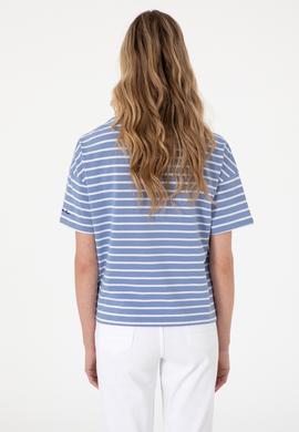 Kadın Koyu Mavi Çizgili Bisiklet Yaka Tişört - 50305911034