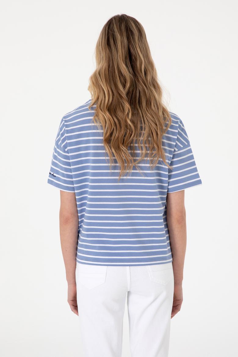 Kadın Koyu Mavi Çizgili Bisiklet Yaka Tişört - 50305911034