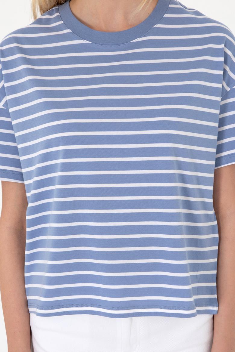 Kadın Koyu Mavi Çizgili Bisiklet Yaka Tişört - 50305911034