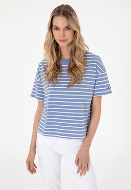 Kadın Koyu Mavi Çizgili Bisiklet Yaka Tişört - 50305911034