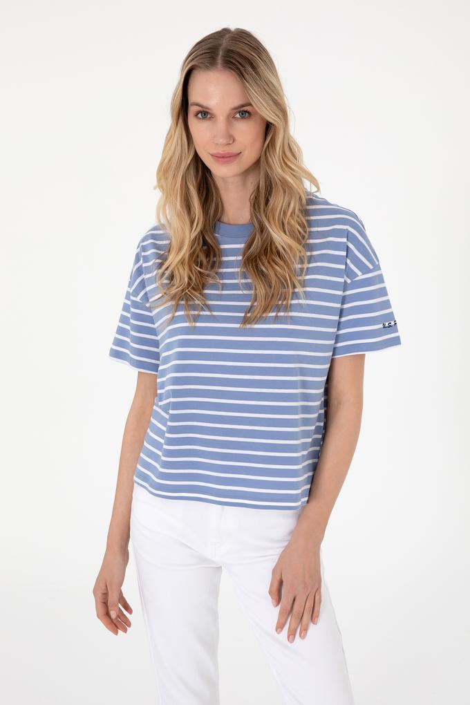 Kadın Koyu Mavi Çizgili Bisiklet Yaka Tişört