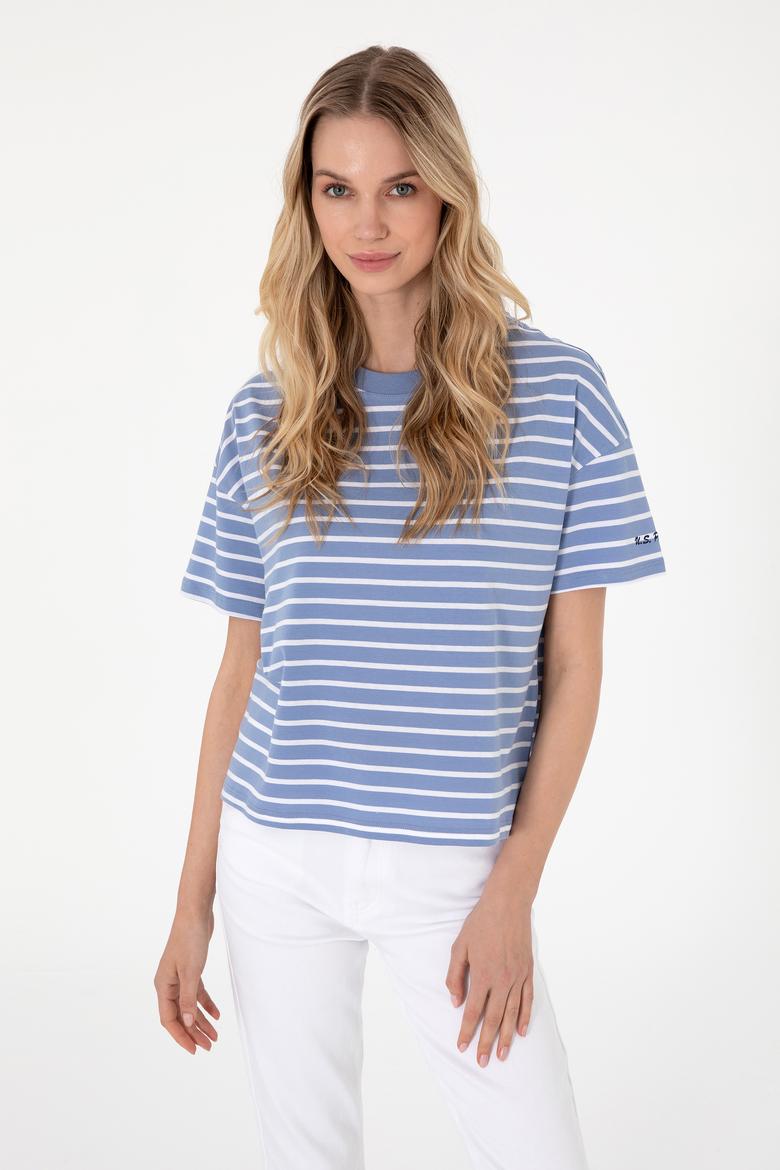 Kadın Koyu Mavi Çizgili Bisiklet Yaka Tişört