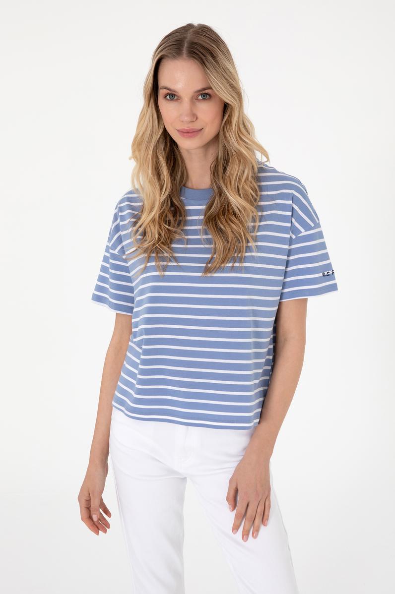 Kadın Koyu Mavi Çizgili Bisiklet Yaka Tişört