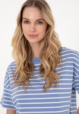 Kadın Koyu Mavi Çizgili Bisiklet Yaka Tişört - 50305911034