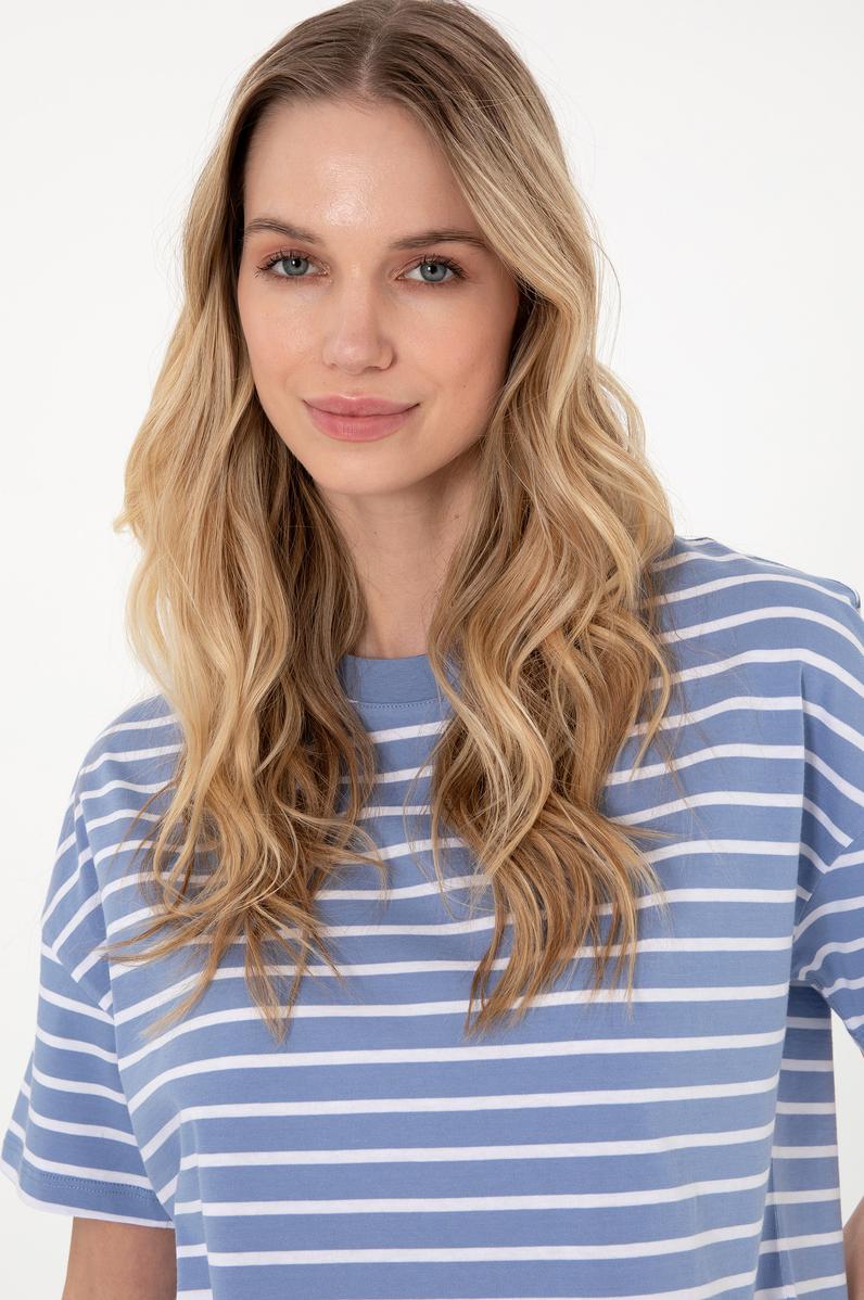 Kadın Koyu Mavi Çizgili Bisiklet Yaka Tişört