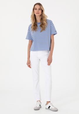 Kadın Koyu Mavi Çizgili Bisiklet Yaka Tişört - 50305911034