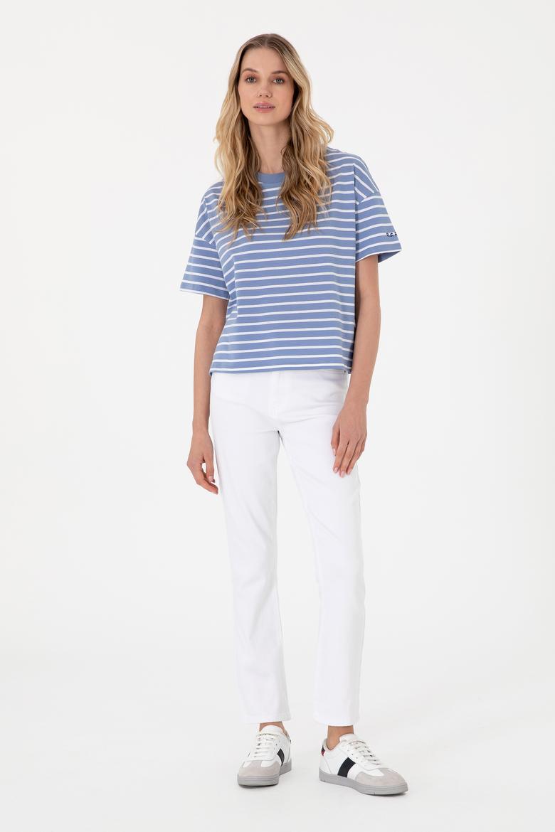Kadın Koyu Mavi Çizgili Bisiklet Yaka Tişört - 50305911034