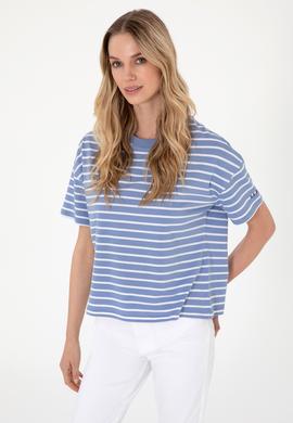 Kadın Koyu Mavi Çizgili Bisiklet Yaka Tişört - 50305911034
