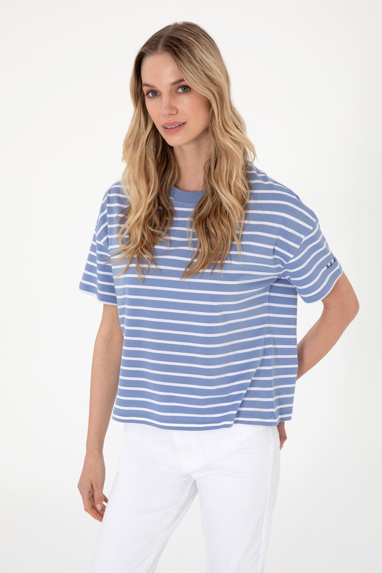 Kadın Koyu Mavi Çizgili Bisiklet Yaka Tişört - 50305911034