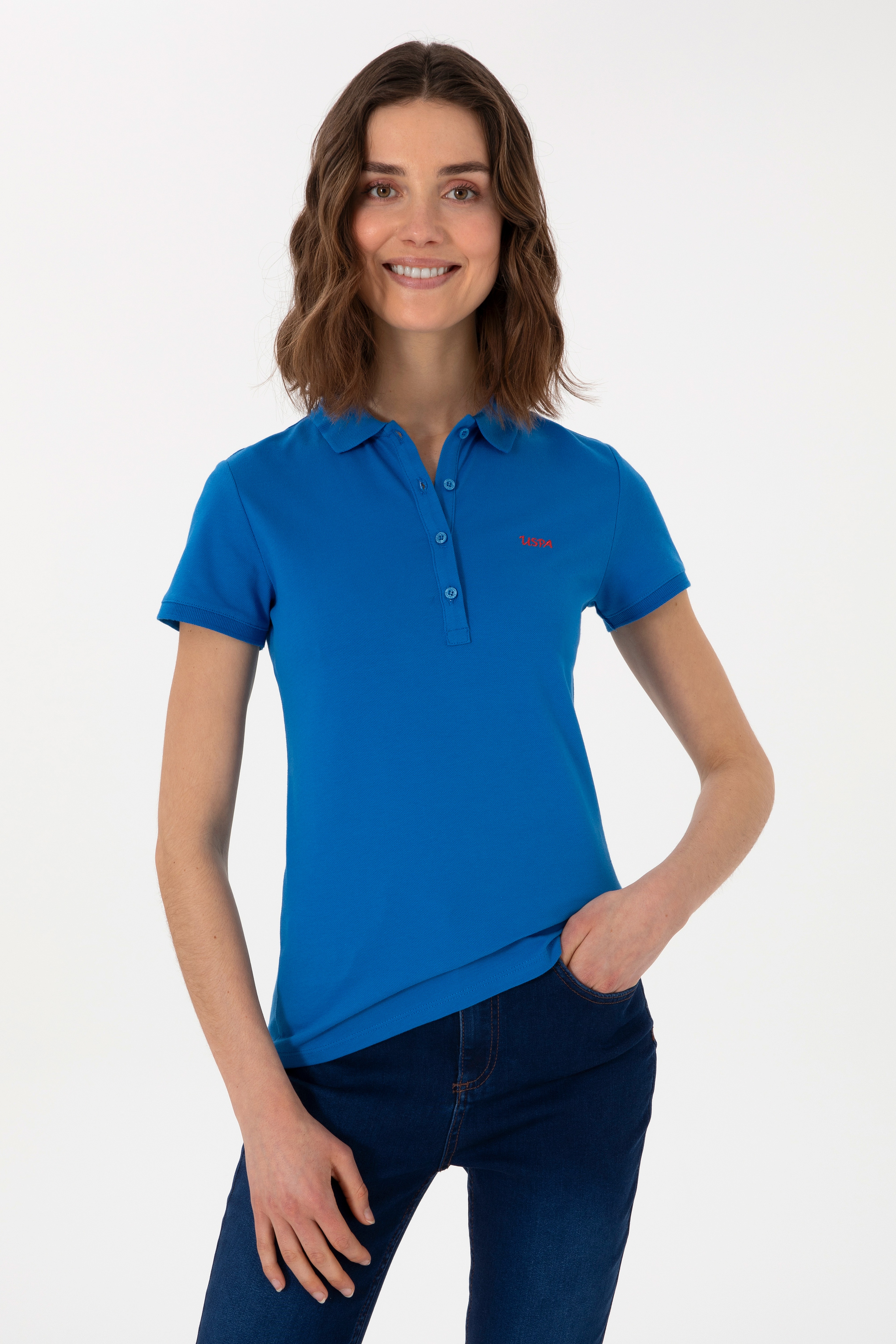 Kadın Kobalt Mavi Basic Polo Yaka Tişört - Image 1