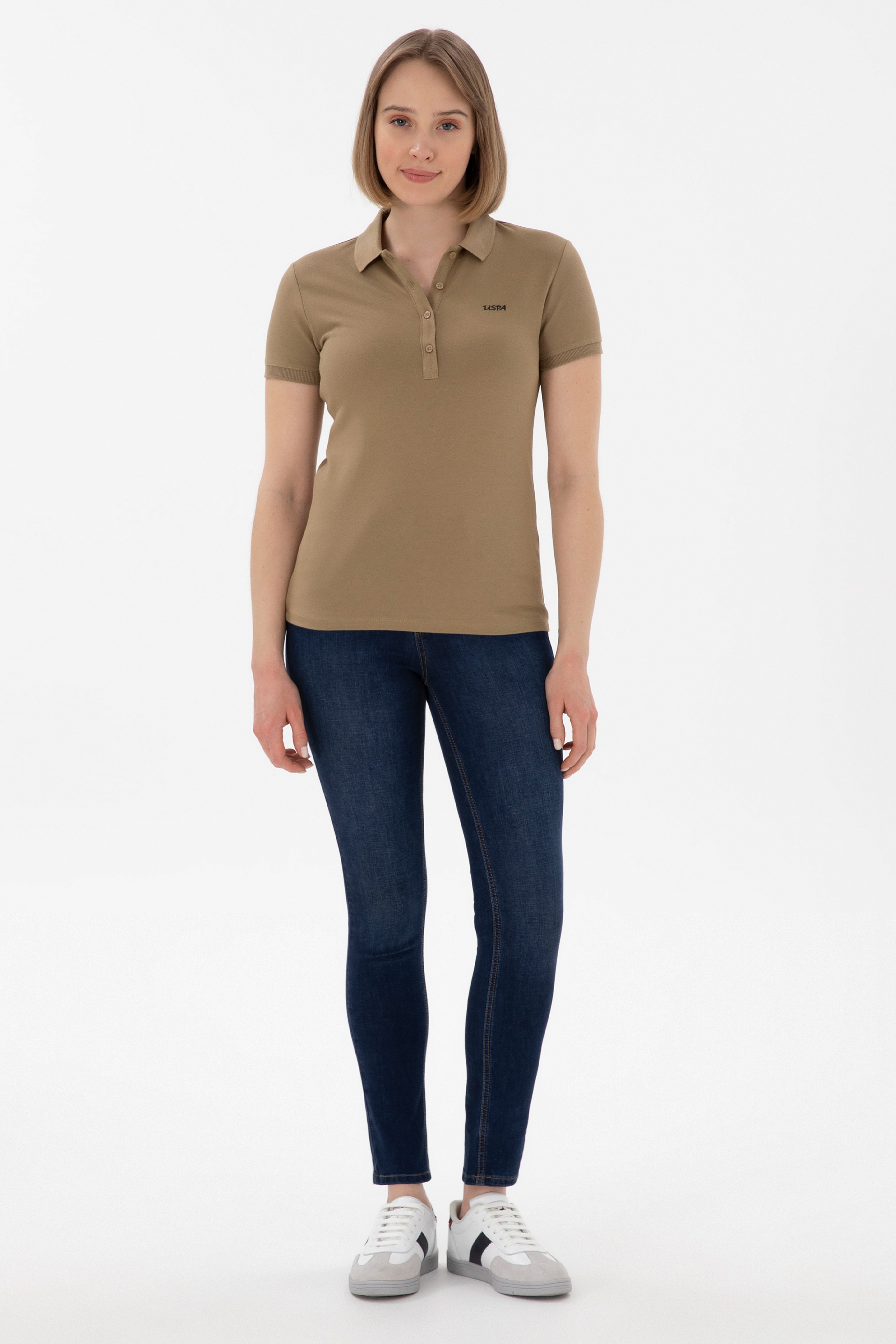 Kadın Haki Basic Polo Yaka Tişört - Image 4