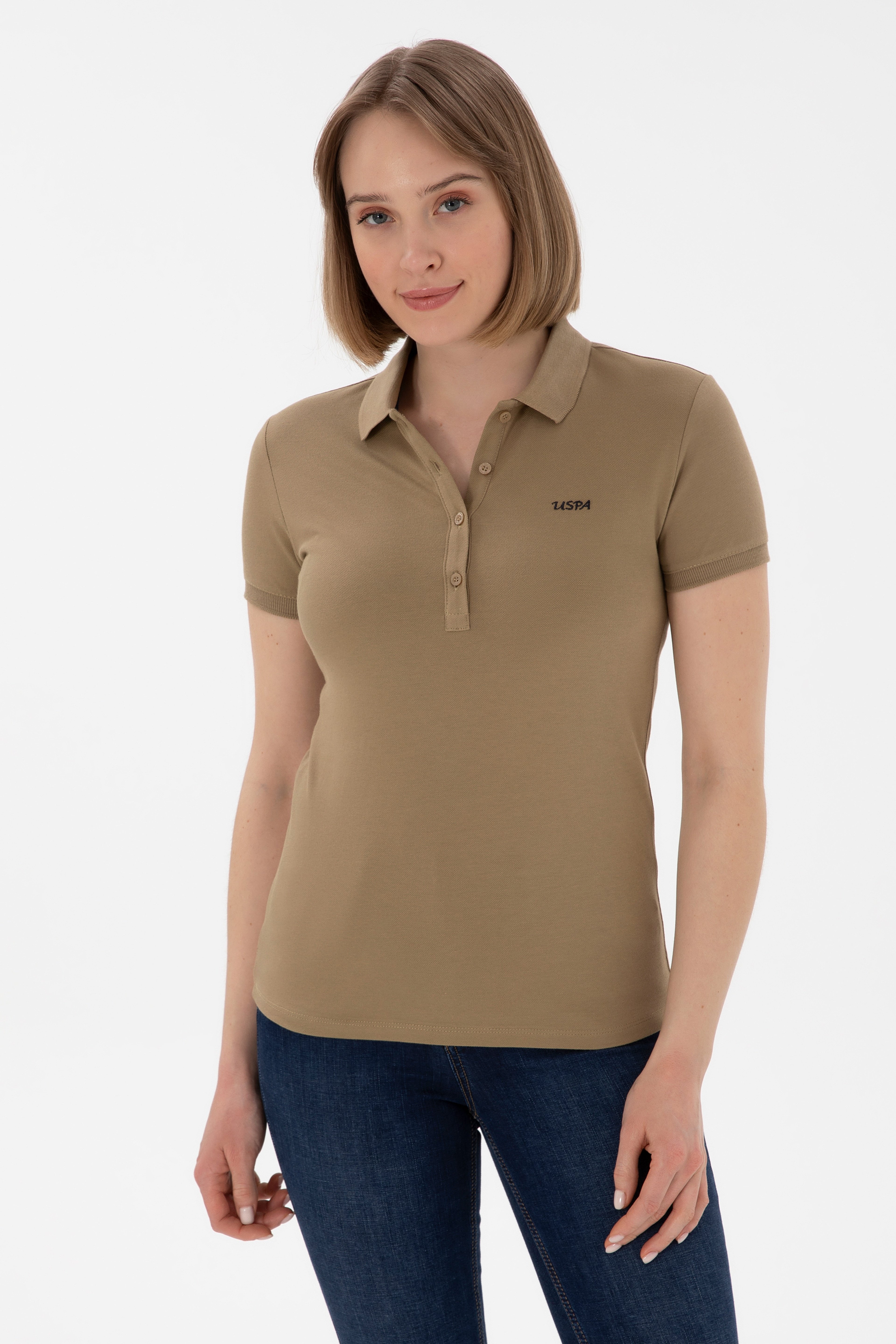 Kadın Haki Basic Polo Yaka Tişört - Image 1