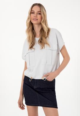 Kadın Açık Gri Bisiklet Yaka Tişört - 50300778004