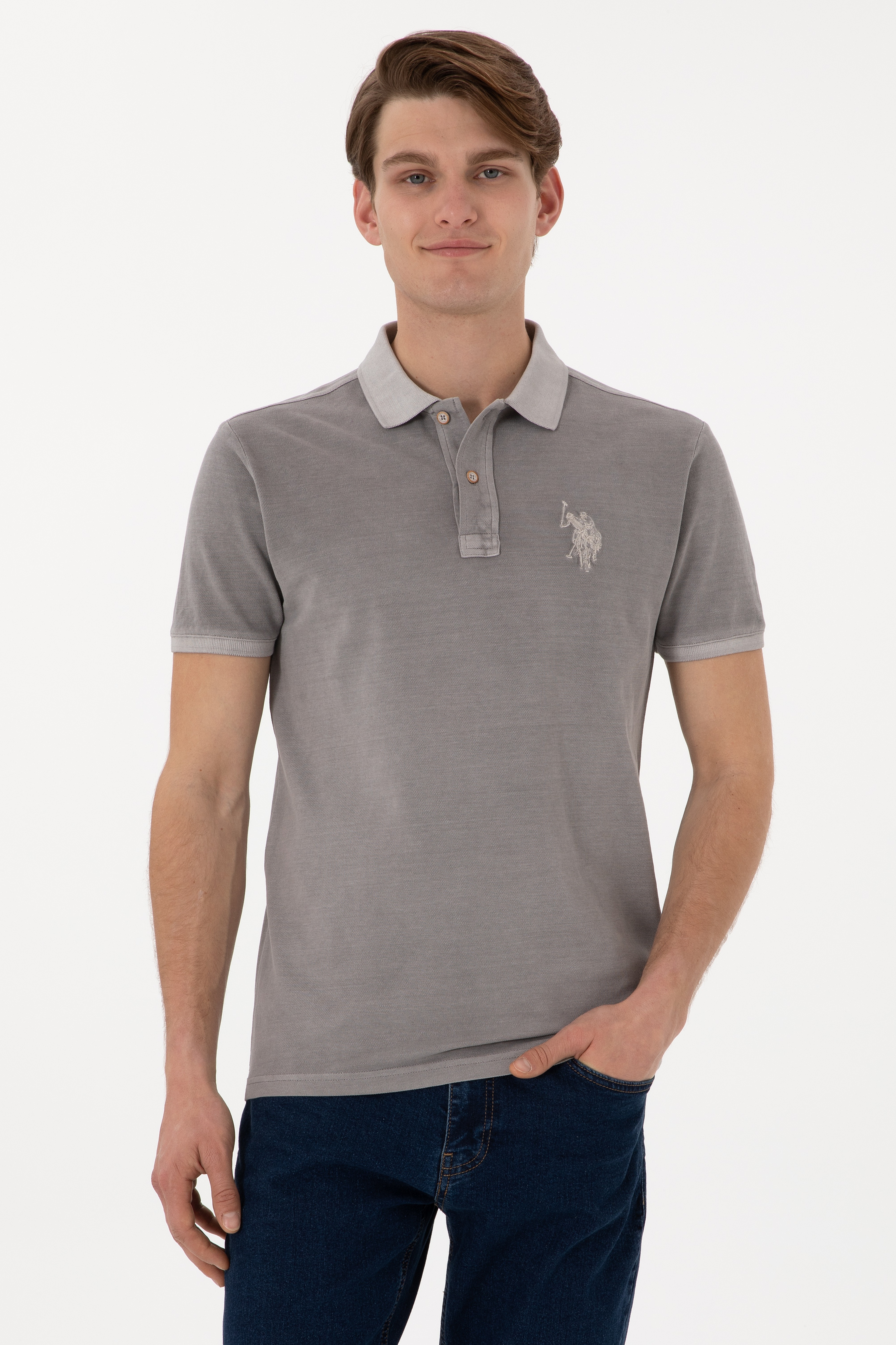 Erkek Slim Fit Polo Yaka Koyu Gri Yıkamalı Basic Tişört - Image 1