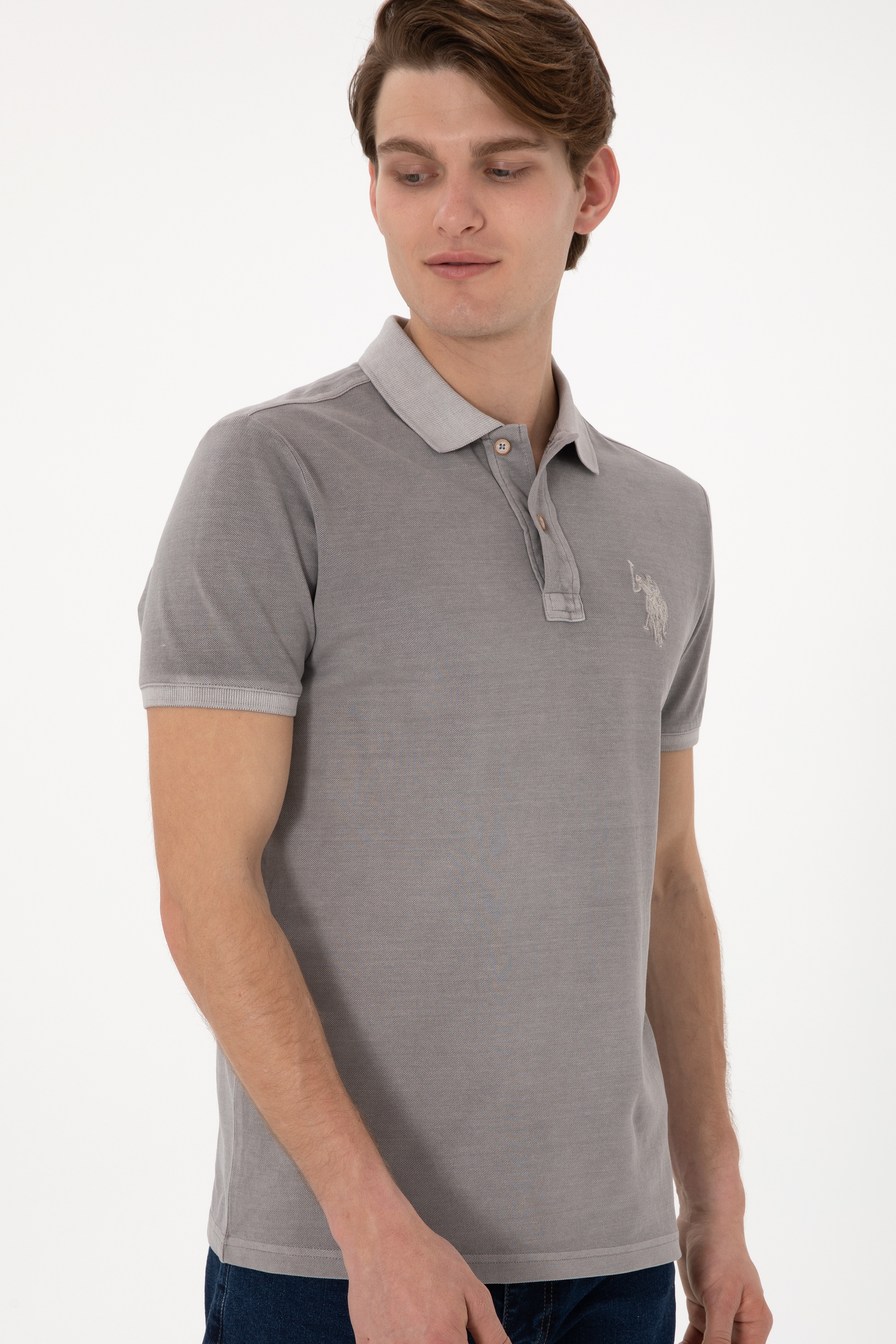 Erkek Slim Fit Polo Yaka Koyu Gri Yıkamalı Basic Tişört