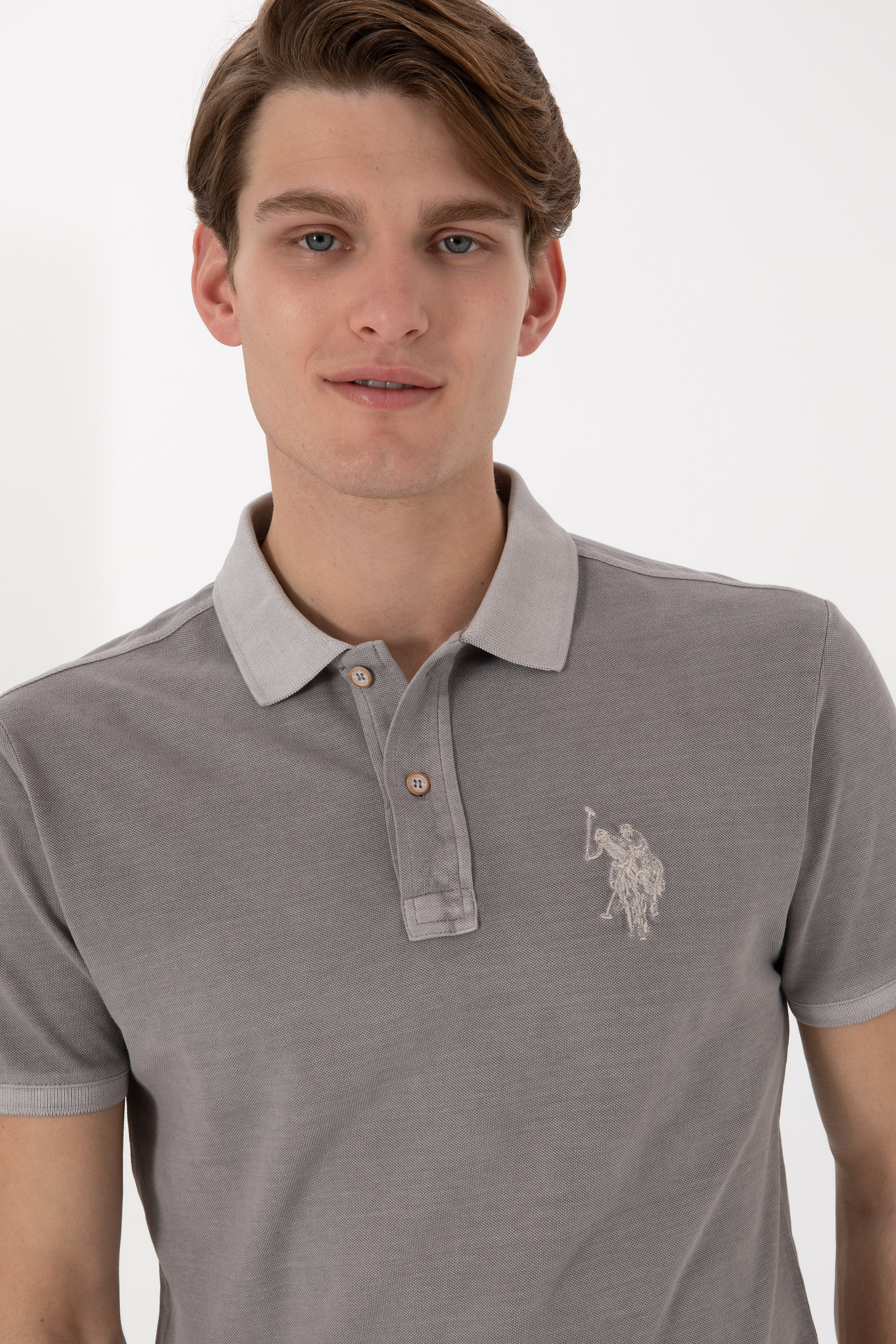 Erkek Slim Fit Polo Yaka Koyu Gri Yıkamalı Basic Tişört