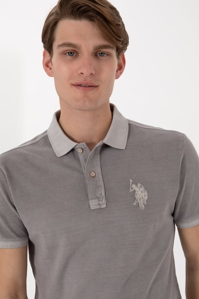 Erkek Slim Fit Polo Yaka Koyu Gri Yıkamalı Basic Tişört