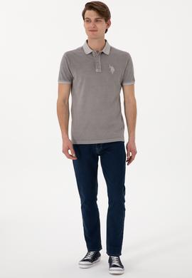 Erkek Slim Fit Polo Yaka Koyu Gri Yıkamalı Basic Tişört - 50305995036