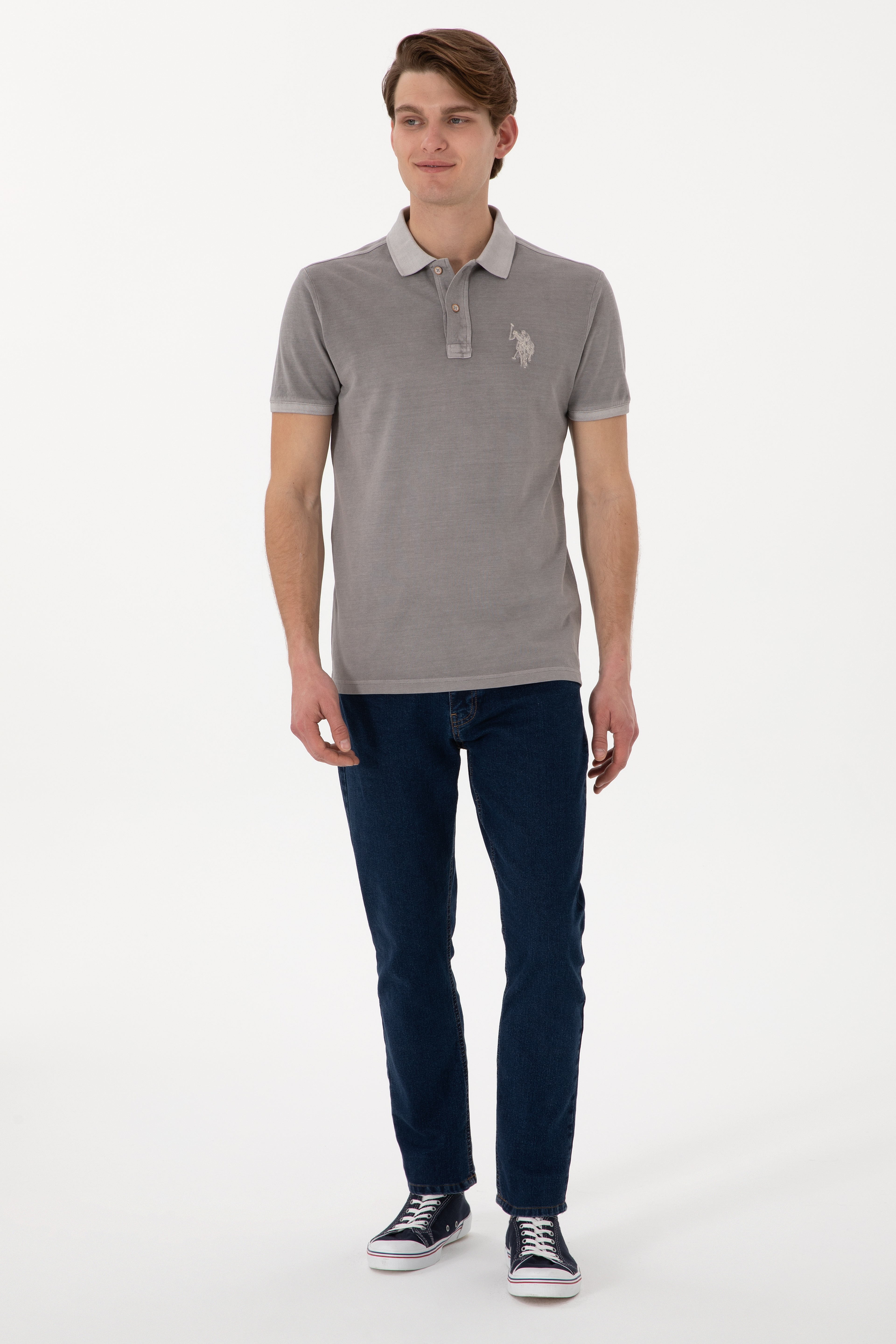 Erkek Slim Fit Polo Yaka Koyu Gri Yıkamalı Basic Tişört - Image 5