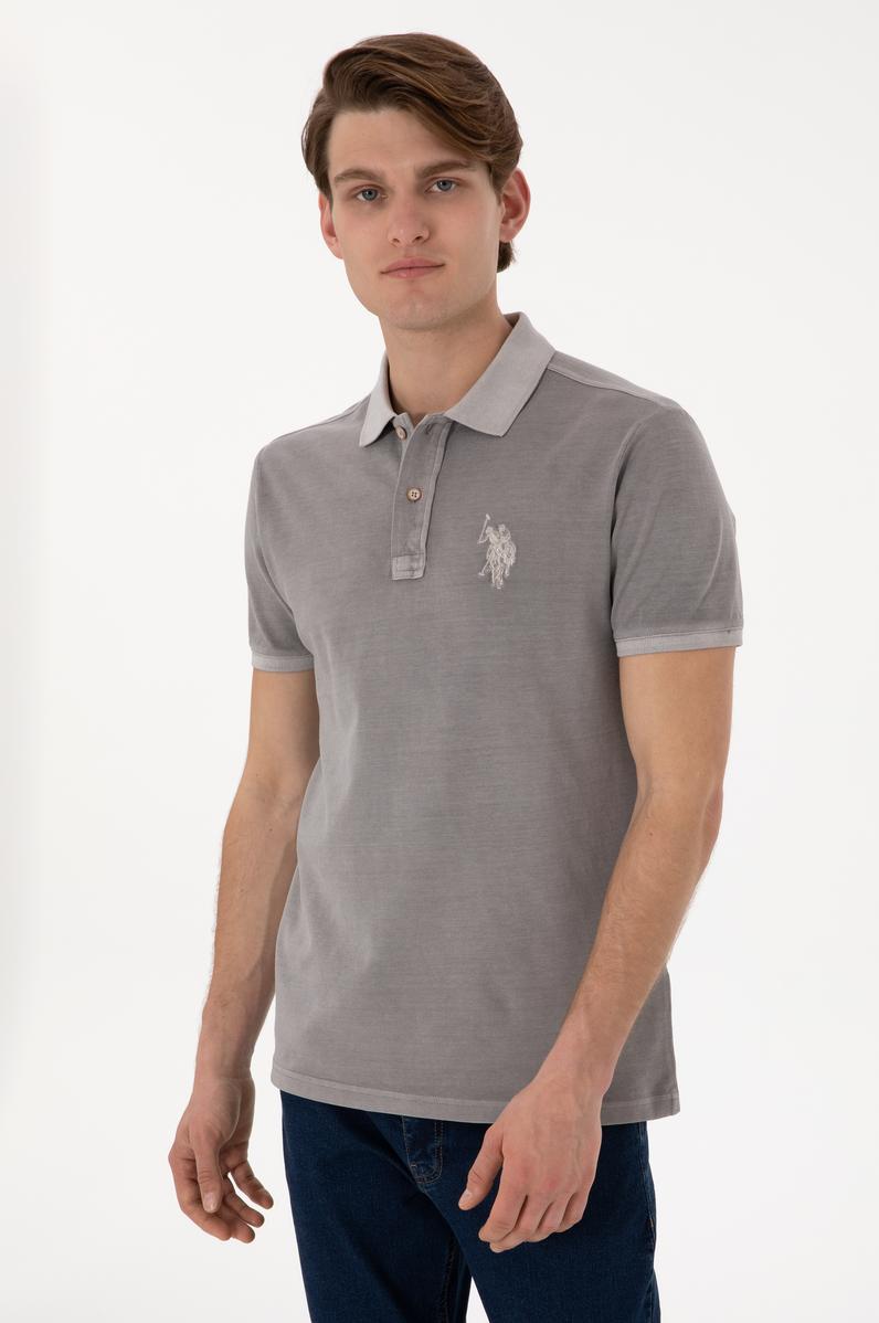 Erkek Slim Fit Polo Yaka Koyu Gri Yıkamalı Basic Tişört