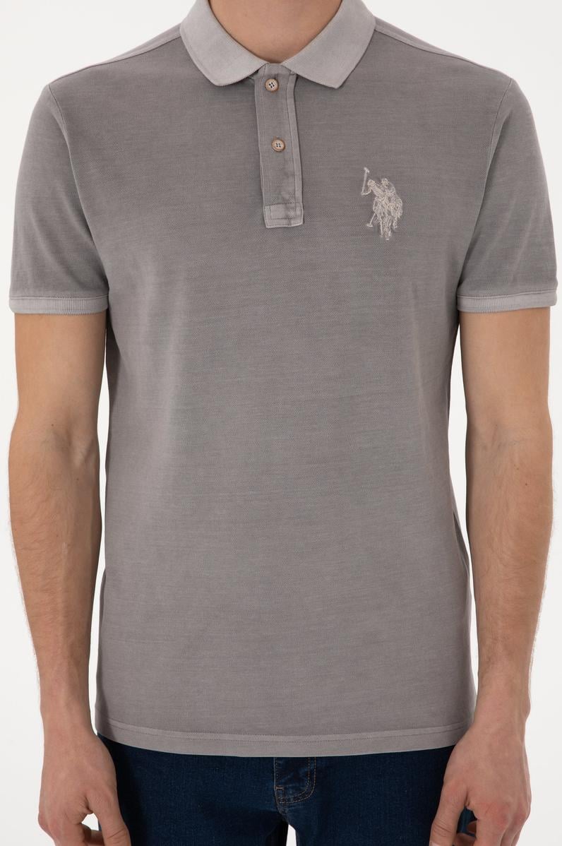 Erkek Slim Fit Polo Yaka Koyu Gri Yıkamalı Basic Tişört