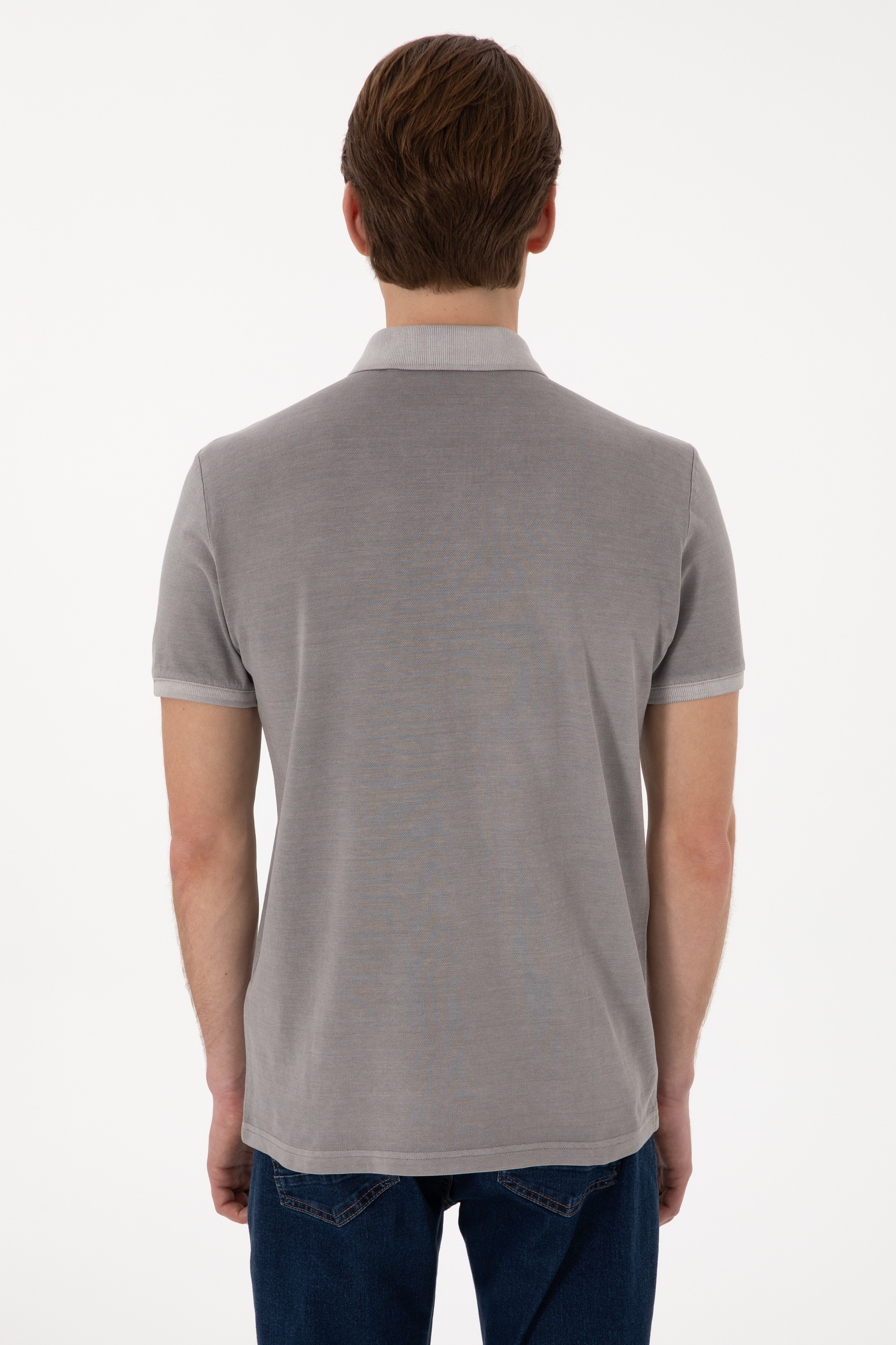 Erkek Slim Fit Polo Yaka Koyu Gri Yıkamalı Basic Tişört - Image 6