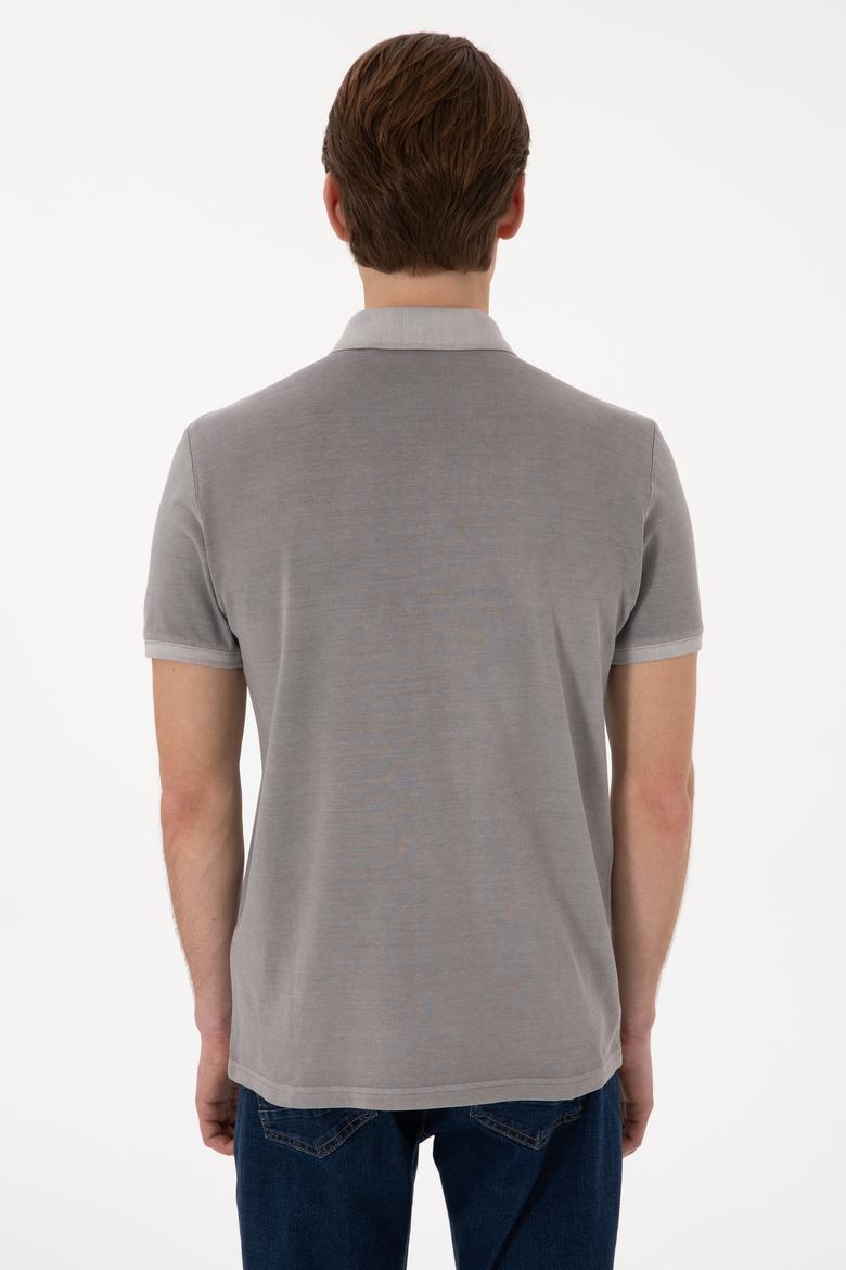 Erkek Slim Fit Polo Yaka Koyu Gri Yıkamalı Basic Tişört - 50305995036