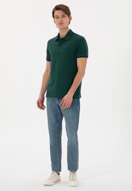 Erkek Slim Fit Polo Yaka Koyu Yeşil Basic Tişört - 50305980067