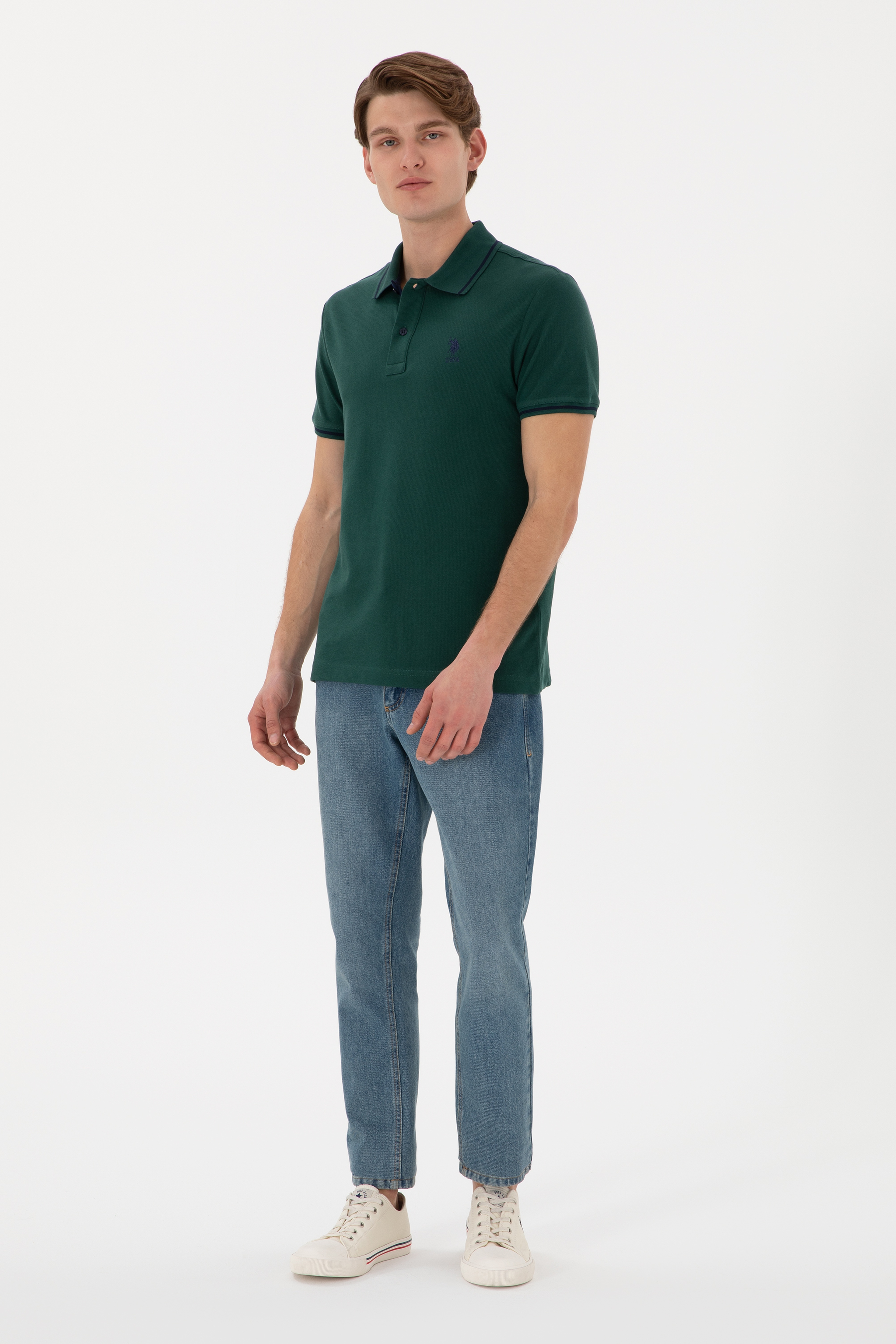 Erkek Slim Fit Polo Yaka Koyu Yeşil Basic Tişört - Image 5