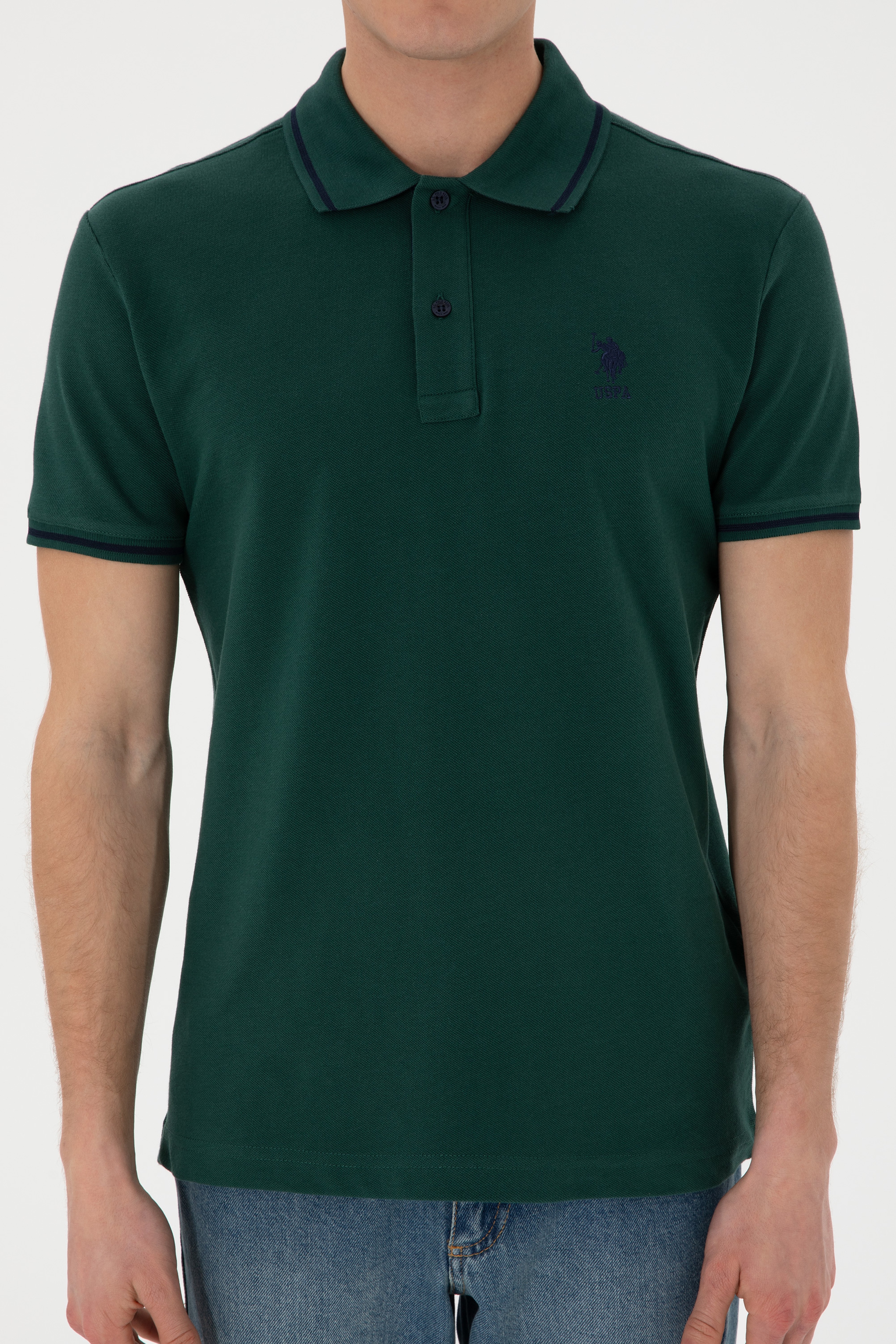 Erkek Slim Fit Polo Yaka Koyu Yeşil Basic Tişört - Image 7