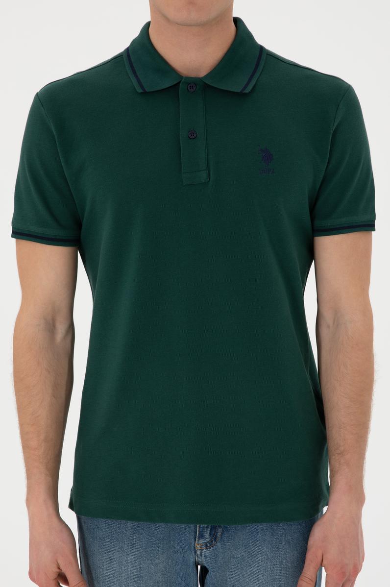 Erkek Slim Fit Polo Yaka Koyu Yeşil Basic Tişört
