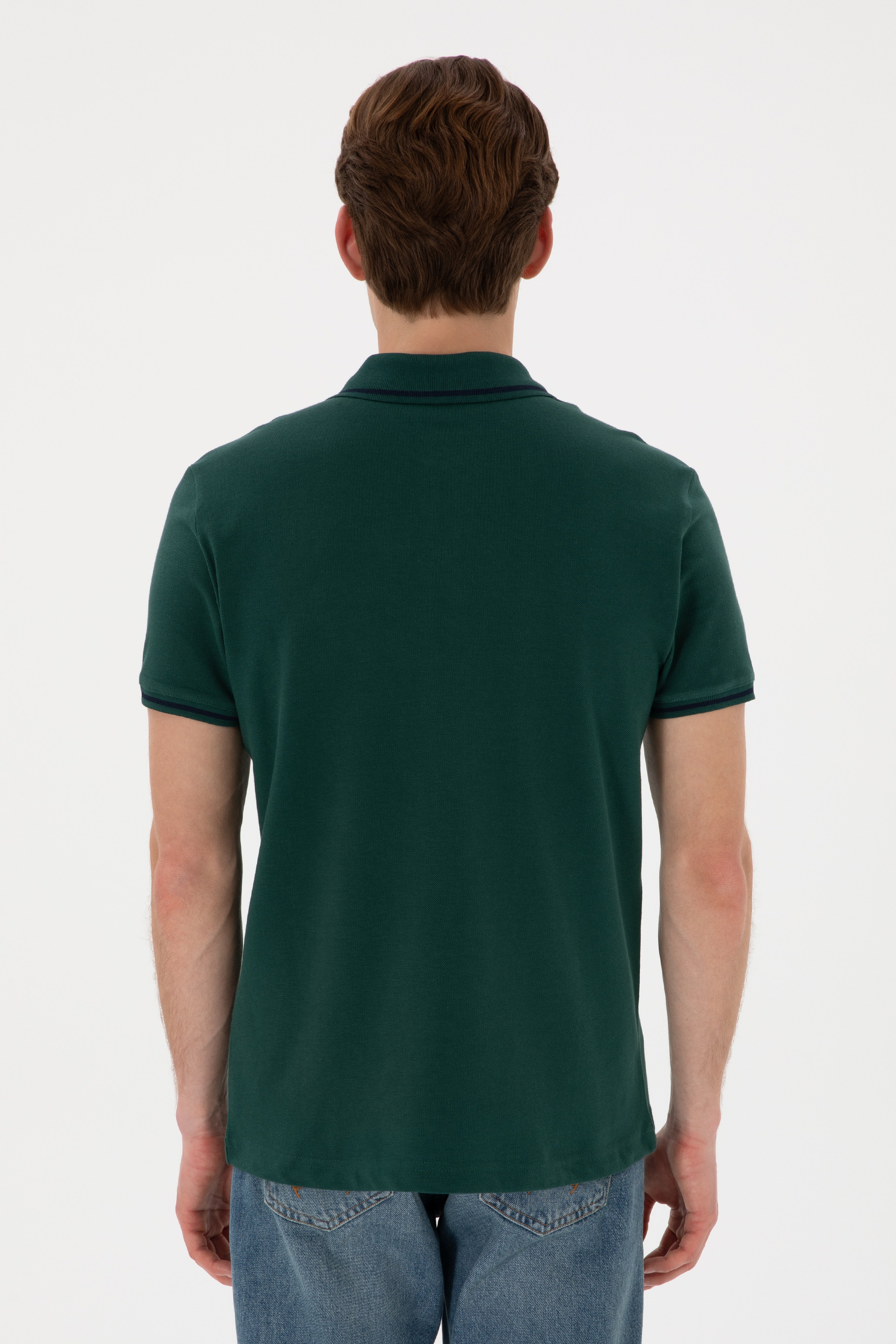 Erkek Slim Fit Polo Yaka Koyu Yeşil Basic Tişört - Image 6