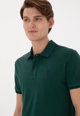 Erkek Slim Fit Polo Yaka Koyu Yeşil Basic Tişört - 50305980067