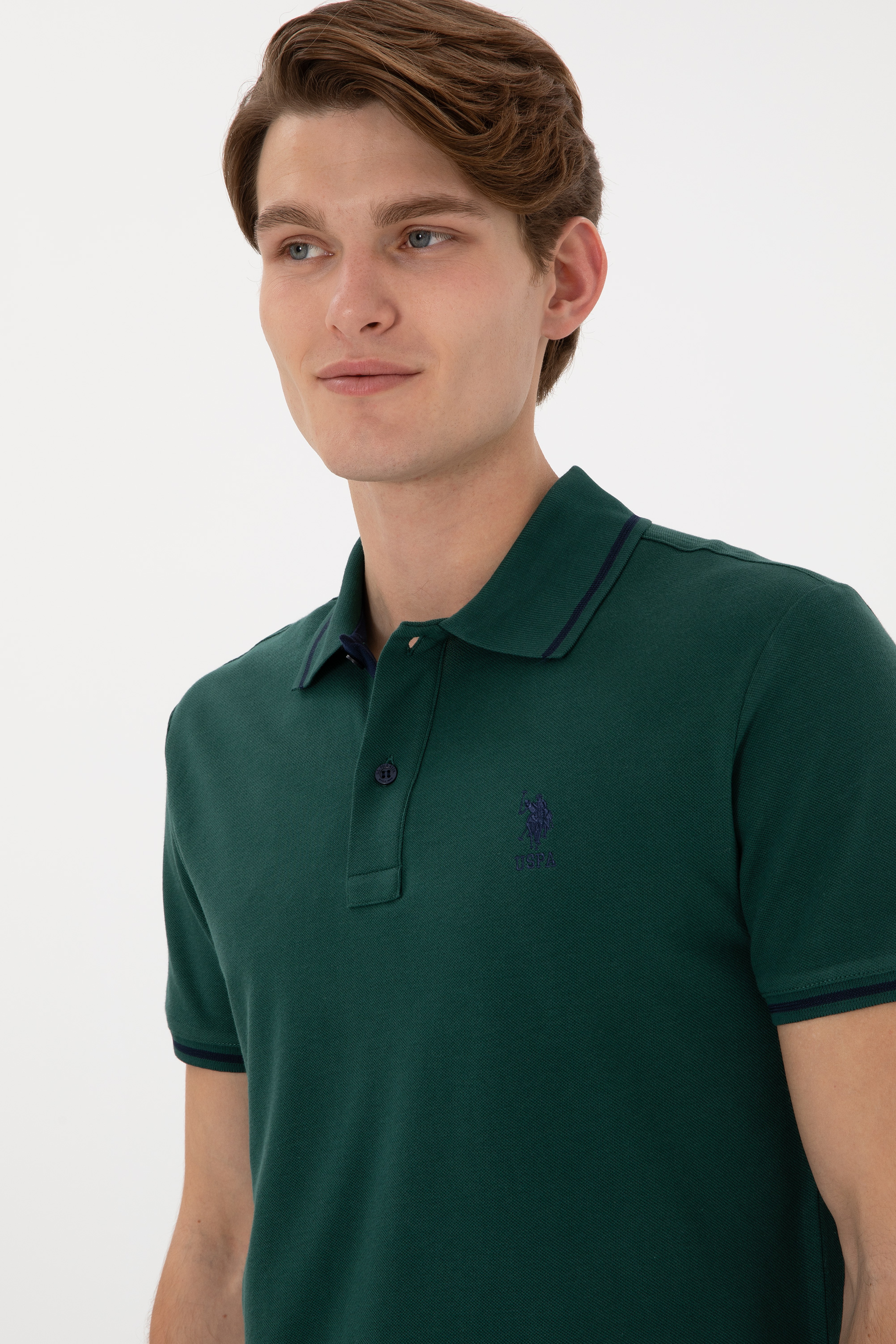 Erkek Slim Fit Polo Yaka Koyu Yeşil Basic Tişört - Image 3