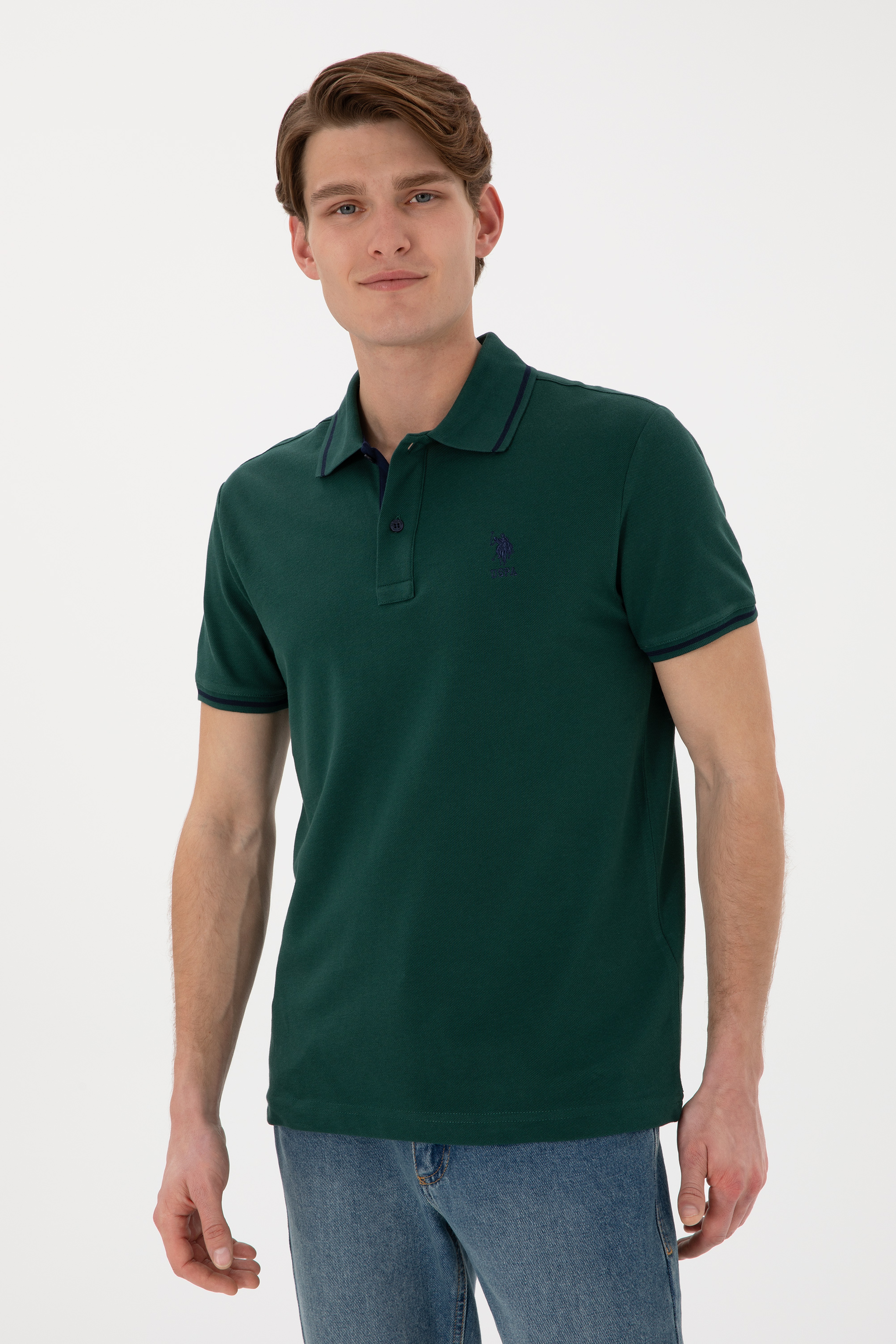 Erkek Slim Fit Polo Yaka Koyu Yeşil Basic Tişört - Image 4