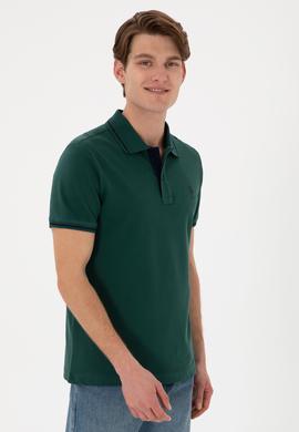 Erkek Slim Fit Polo Yaka Koyu Yeşil Basic Tişört - 50305980067