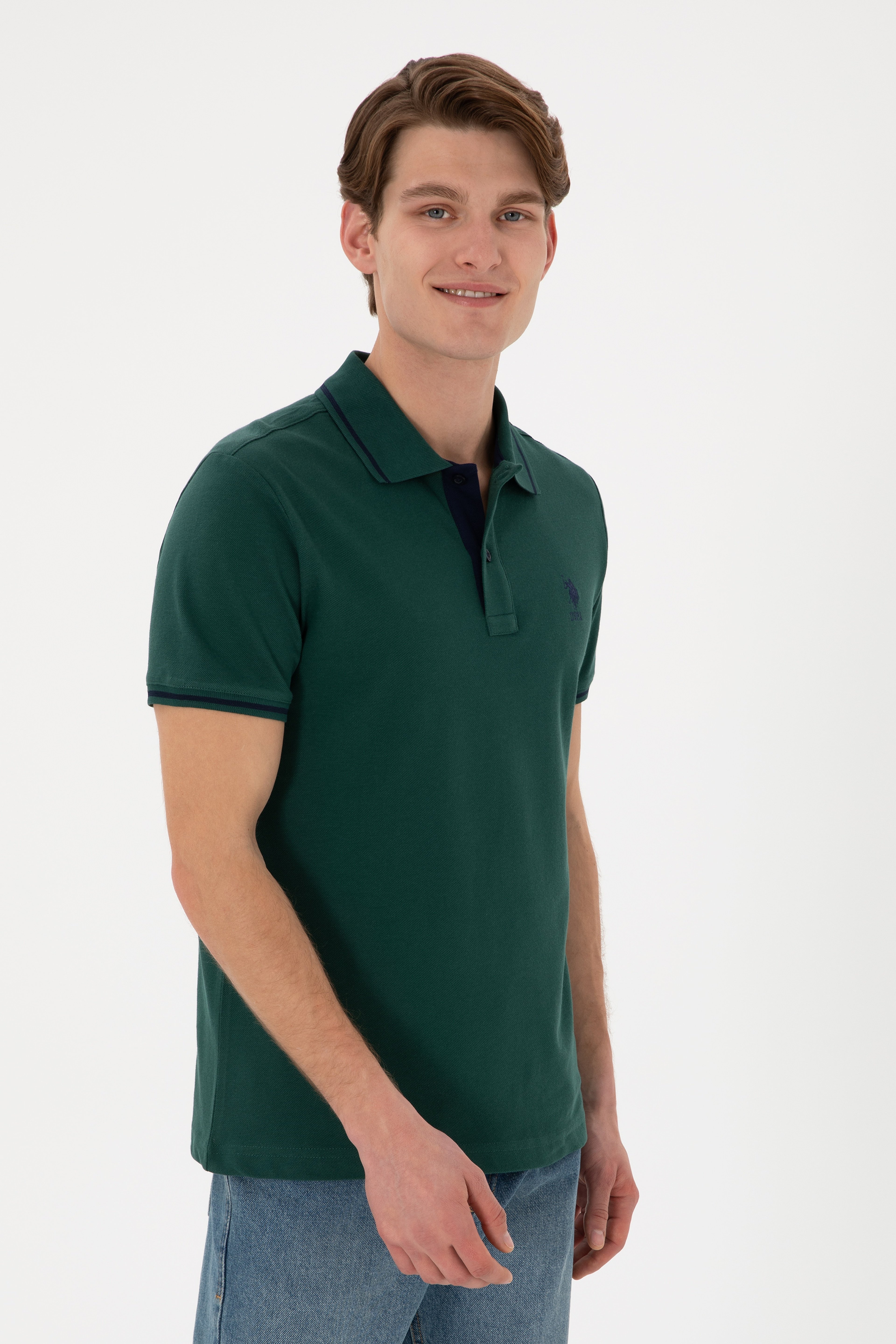 Erkek Slim Fit Polo Yaka Koyu Yeşil Basic Tişört