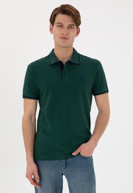 Erkek Slim Fit Polo Yaka Koyu Yeşil Basic Tişört - 50305980067