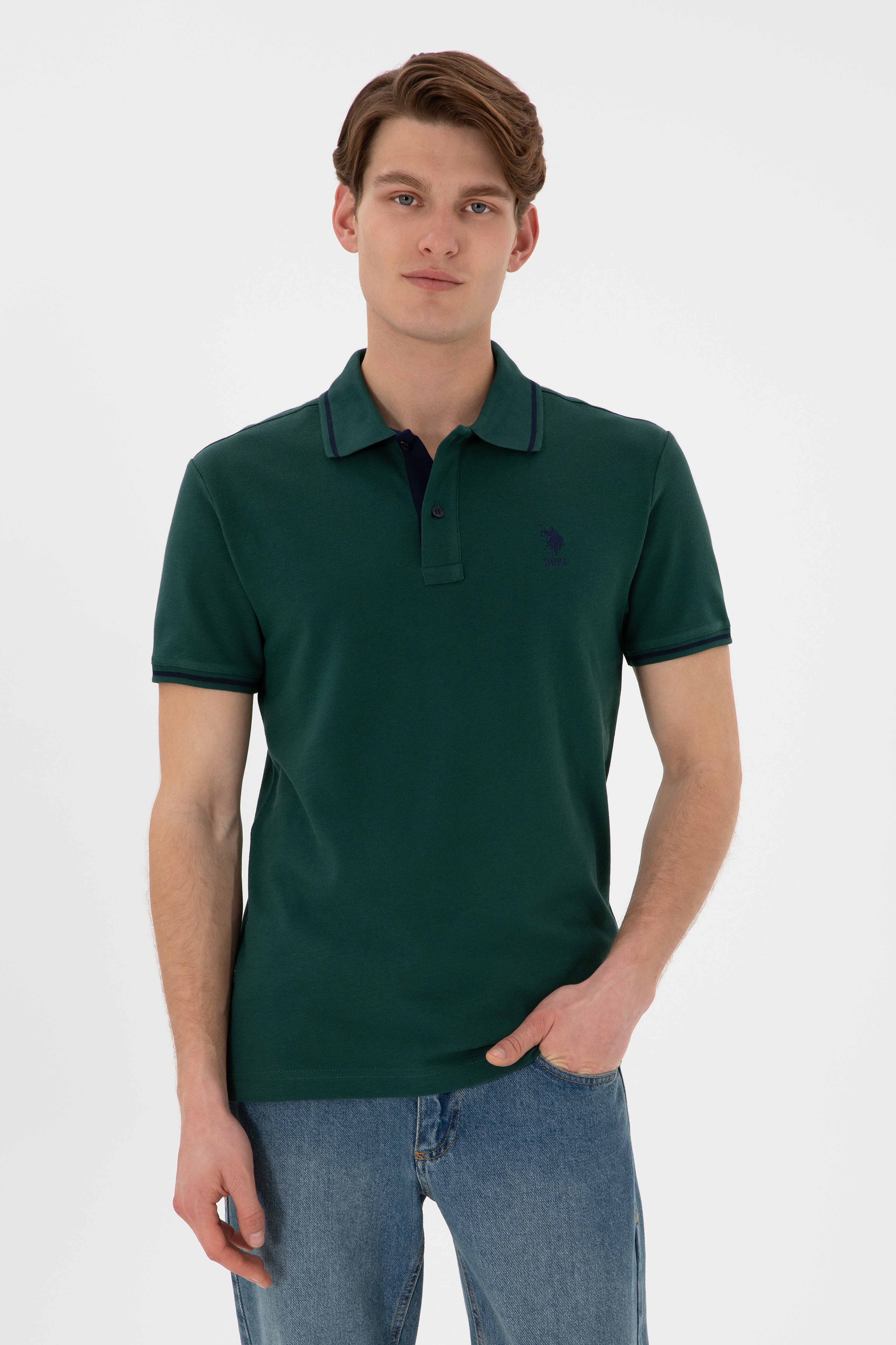 Erkek Slim Fit Polo Yaka Koyu Yeşil Basic Tişört - Image 1