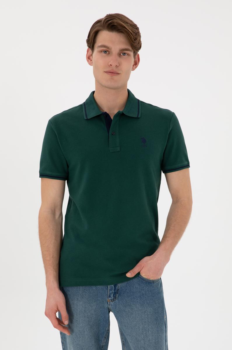Erkek Slim Fit Polo Yaka Koyu Yeşil Basic Tişört