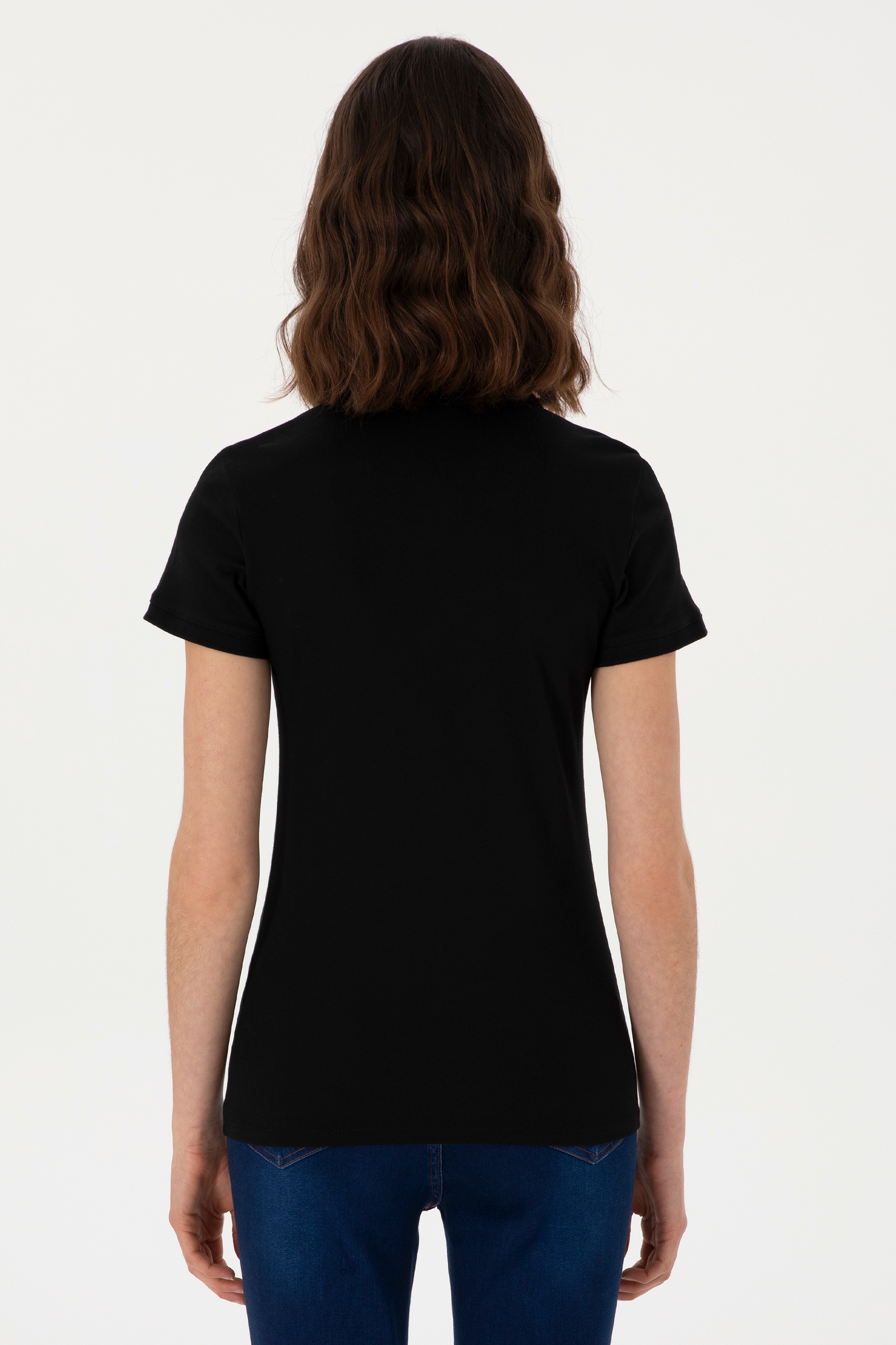 Kadın Siyah Basic Polo Yaka Tişört - Image 6
