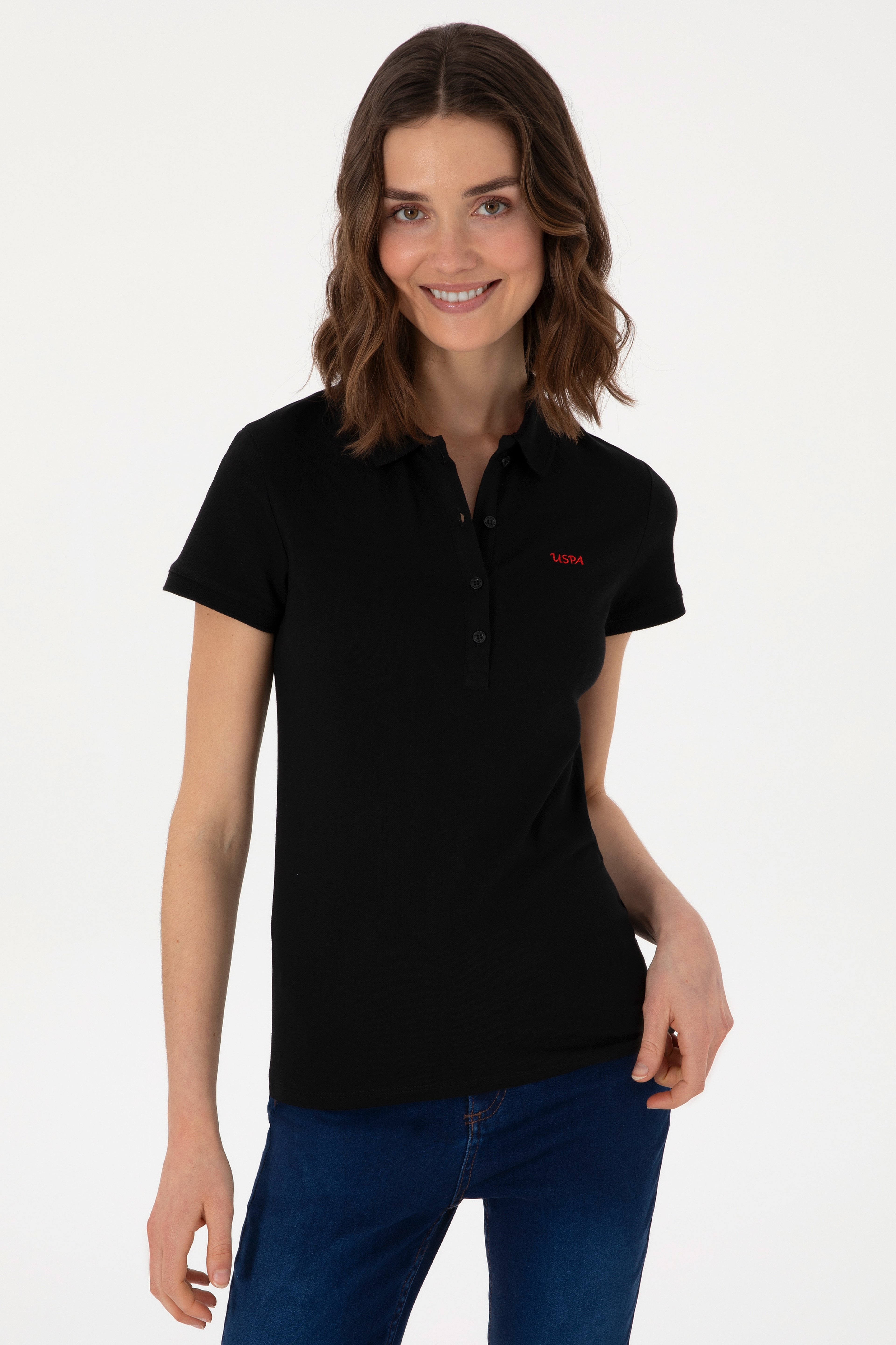 Kadın Siyah Basic Polo Yaka Tişört