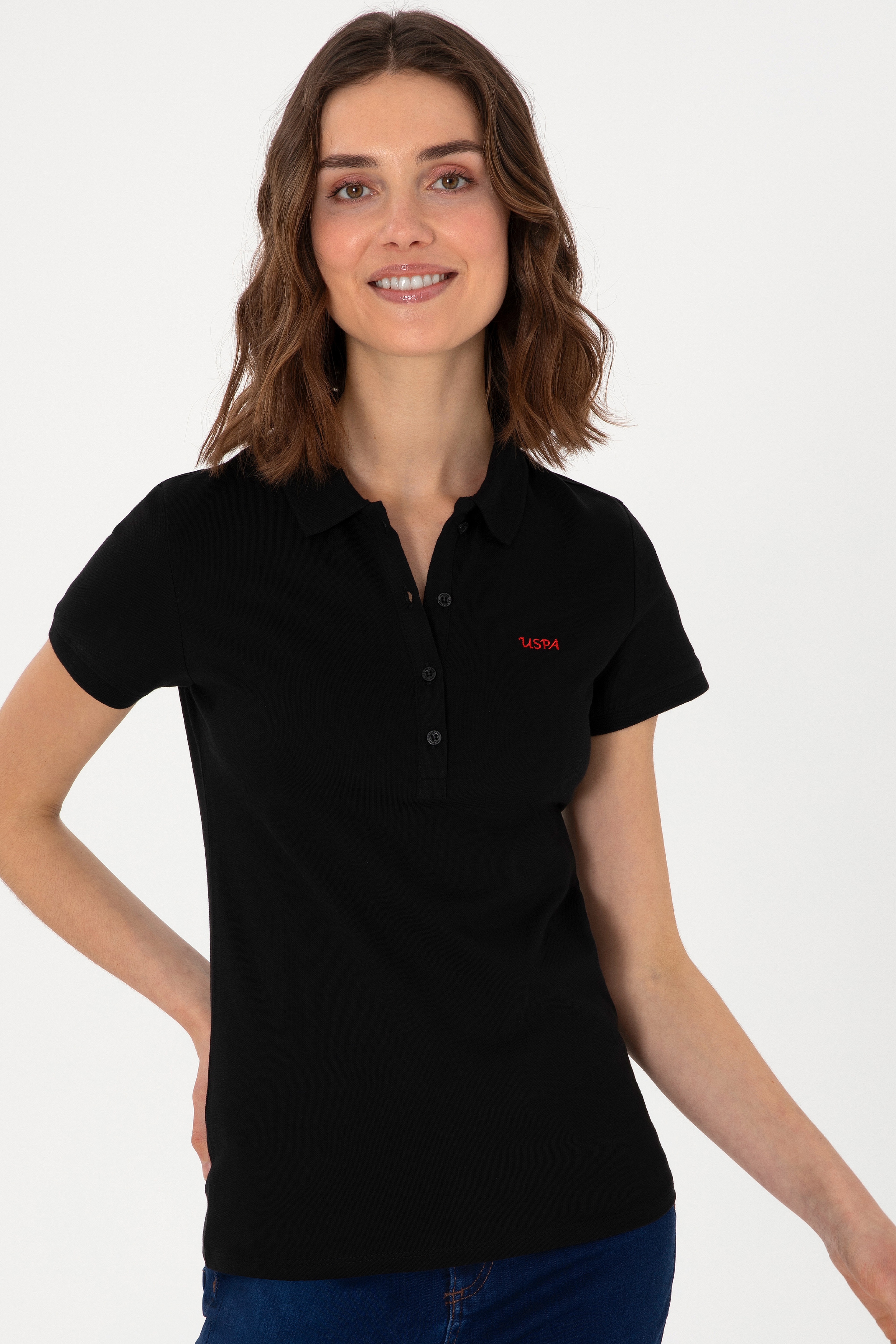 Kadın Siyah Basic Polo Yaka Tişört