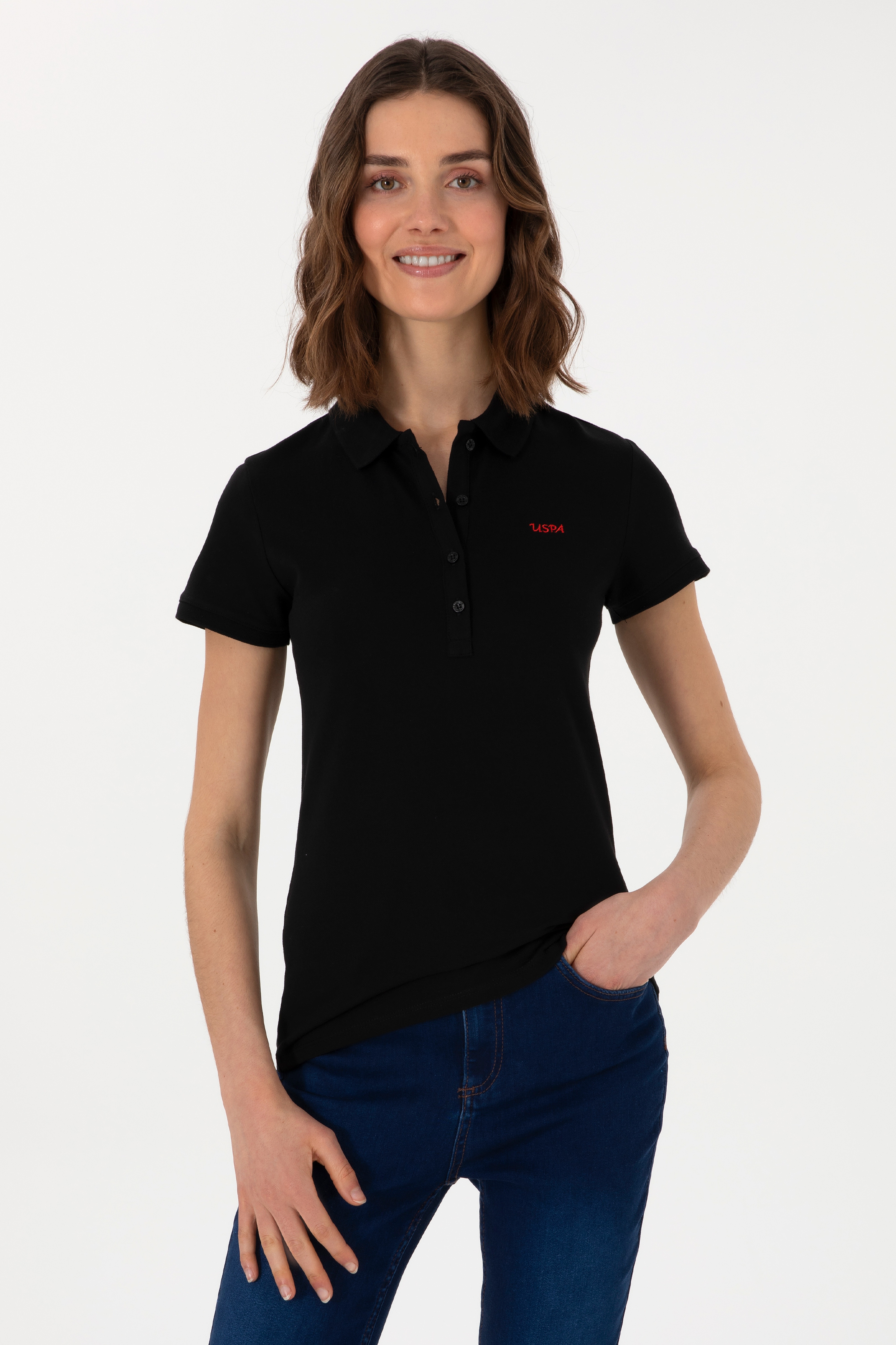 Kadın Siyah Basic Polo Yaka Tişört - Image 1
