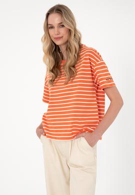 Kadın Nar Çiçeği Çizgili Bisiklet Yaka Tişört - 50305911004