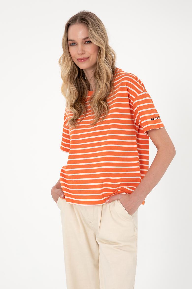 Kadın Nar Çiçeği Çizgili Bisiklet Yaka Tişört - 50305911004