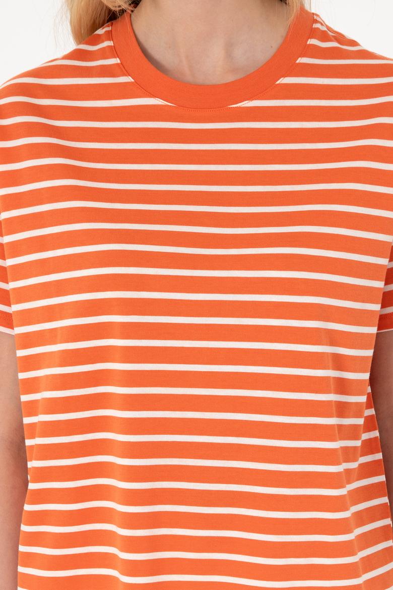 Kadın Nar Çiçeği Çizgili Bisiklet Yaka Tişört - 50305911004