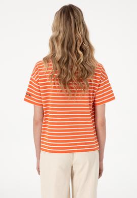 Kadın Nar Çiçeği Çizgili Bisiklet Yaka Tişört - 50305911004